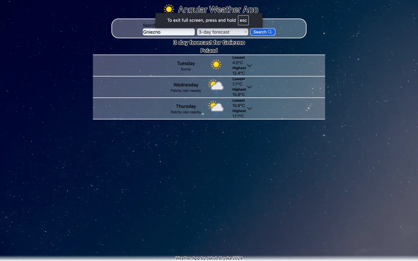 Pierwszy zrzut ekranu projektu Angular-weatherapp