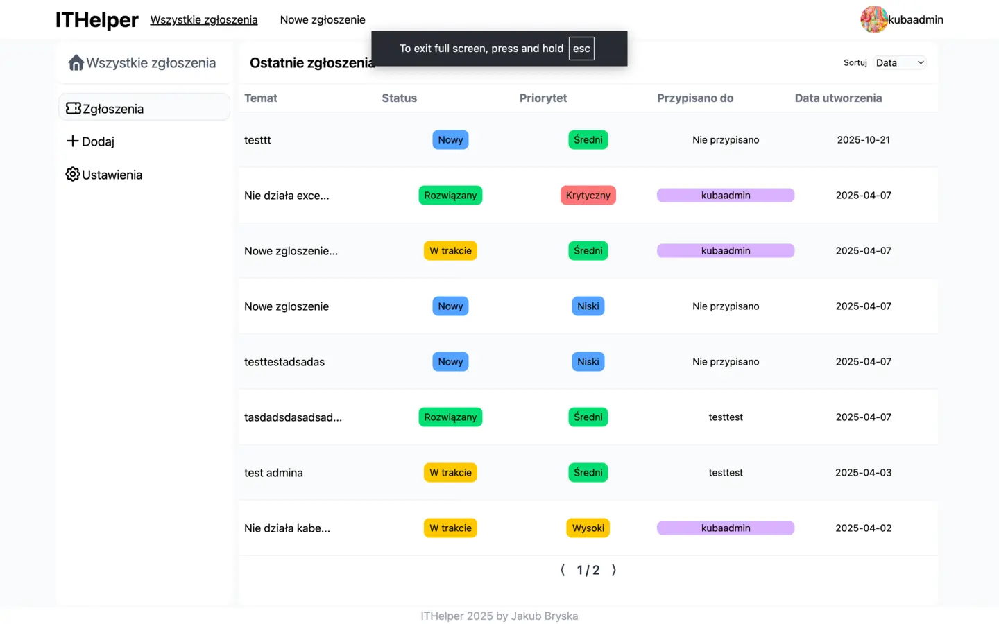 Pierwszy zrzut ekranu projektu ITHelper